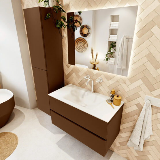 MONDIAZ VICA 90cm mueble de baño Rust 2 cajones. Lavabo CLOUD Centro 1 orificio color Talc con espejo LED.
