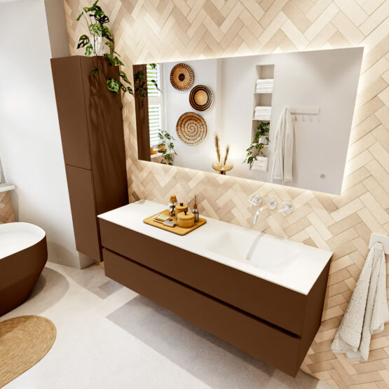 MONDIAZ VICA 150cm mueble de baño Rust 2 cajones. Lavabo CLOUD Derecho sin orificio color Talc con espejo LED.