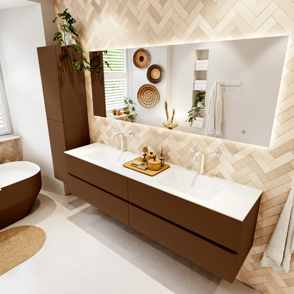 MONDIAZ VICA 190cm mueble de baño Rust 4 cajones. Lavabo CLOUD Doble 2 orificios color Talc con espejo LED. 1 MONDIAZ VICA 190cm mueble de baño Rust 4 cajones. Lavabo CLOUD Doble 2 orificios color Talc con espejo LED.