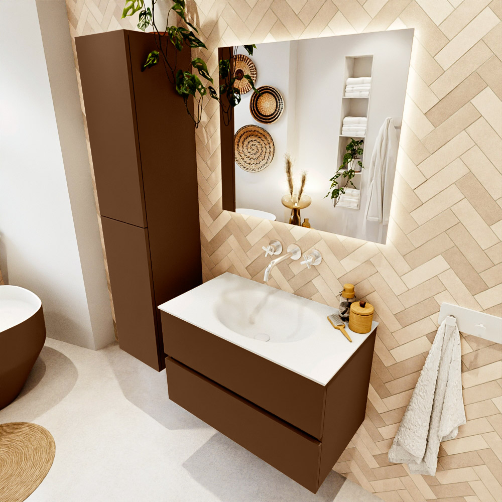 MONDIAZ VICA 80cm mueble de baño Rust 2 cajones. Lavabo MOON Centro sin orificio color Talc con espejo LED. 1 MONDIAZ VICA 80cm mueble de baño Rust 2 cajones. Lavabo MOON Centro sin orificio color Talc con espejo LED.
