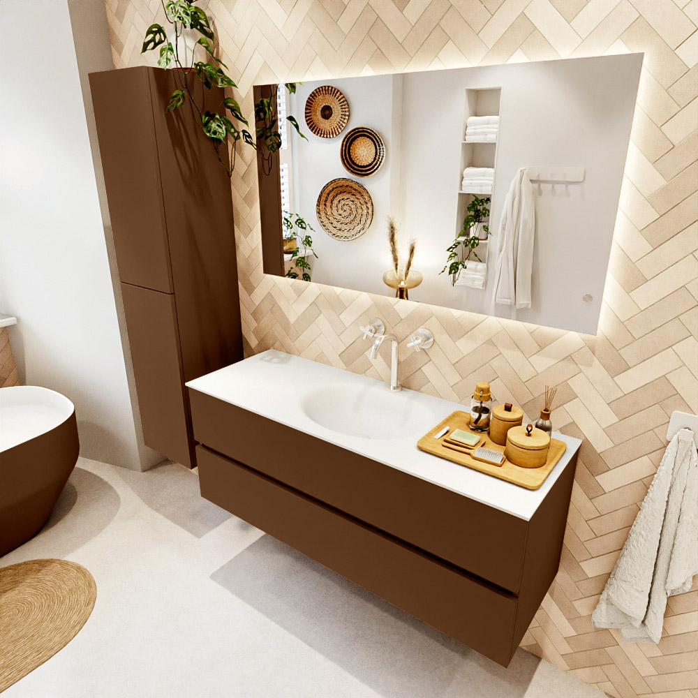 MONDIAZ VICA 130cm mueble de baño Rust 2 cajones. Lavabo MOON Centro 1 orificio color Talc con espejo LED. 1 MONDIAZ VICA 130cm mueble de baño Rust 2 cajones. Lavabo MOON Centro 1 orificio color Talc con espejo LED.