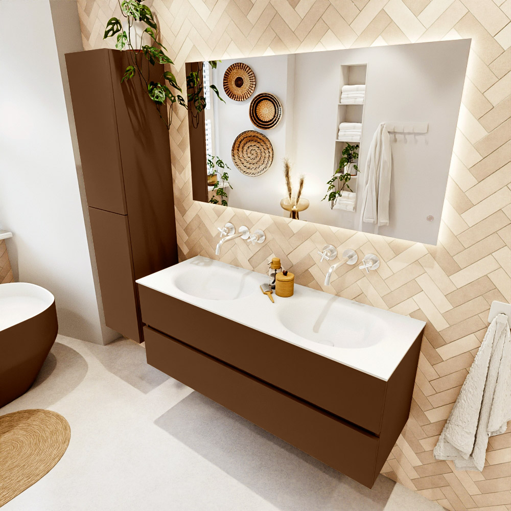 MONDIAZ VICA 130cm mueble de baño Rust 2 cajones. Lavabo MOON Doble sin orificio color Talc con espejo LED. 1 MONDIAZ VICA 130cm mueble de baño Rust 2 cajones. Lavabo MOON Doble sin orificio color Talc con espejo LED.