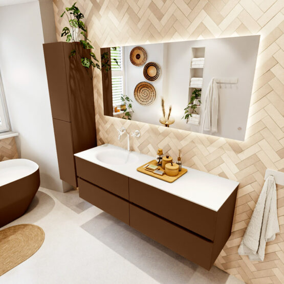 MONDIAZ VICA 150cm mueble de baño Rust 4 cajones. Lavabo MOON Izquierda 1 orificio color Talc con espejo LED.