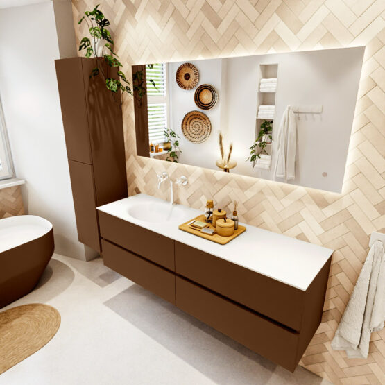 MONDIAZ VICA 160cm mueble de baño Rust 4 cajones. Lavabo MOON Izquierda 1 orificio color Talc con espejo LED.