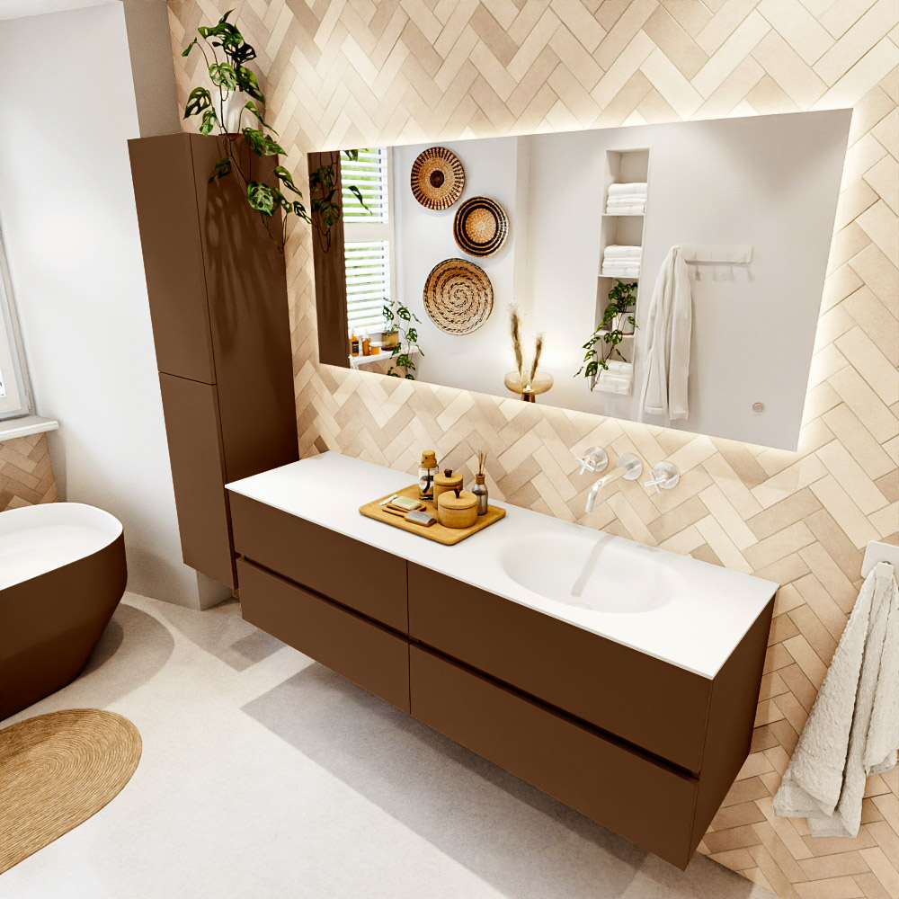 MONDIAZ VICA 160cm mueble de baño Rust 4 cajones. Lavabo MOON Derecho sin orificio color Talc con espejo LED. 1 MONDIAZ VICA 160cm mueble de baño Rust 4 cajones. Lavabo MOON Derecho sin orificio color Talc con espejo LED.