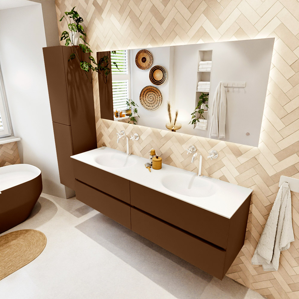 MONDIAZ VICA 170cm mueble de baño Rust 4 cajones. Lavabo MOON Doble 2 orificios color Talc con espejo LED. 1 MONDIAZ VICA 170cm mueble de baño Rust 4 cajones. Lavabo MOON Doble 2 orificios color Talc con espejo LED.