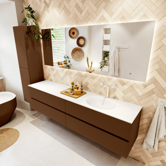 MONDIAZ VICA 200cm mueble de baño Rust 4 cajones. Lavabo MOON Derecho 1 orificio color Talc con espejo LED.