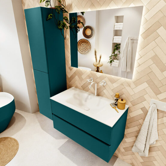 MONDIAZ VICA 90cm mueble de baño Smag 2 cajones. Lavabo CLOUD Centro 1 orificio color Talc con espejo LED.