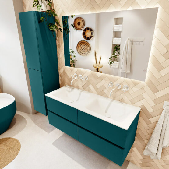 MONDIAZ VICA 120cm mueble de baño Smag 4 cajones. Lavabo CLOUD Doble sin orificio color Talc con espejo LED.