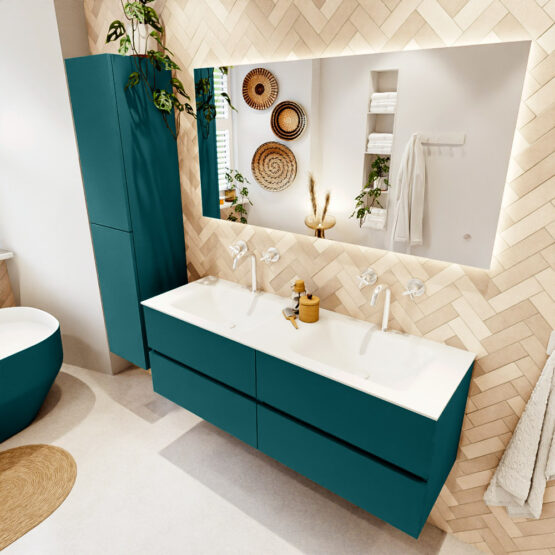 MONDIAZ VICA 140cm mueble de baño Smag 4 cajones. Lavabo CLOUD Doble 2 orificios color Talc con espejo LED.
