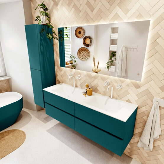 MONDIAZ VICA 150cm mueble de baño Smag 4 cajones. Lavabo CLOUD Doble 2 orificios color Talc con espejo LED.