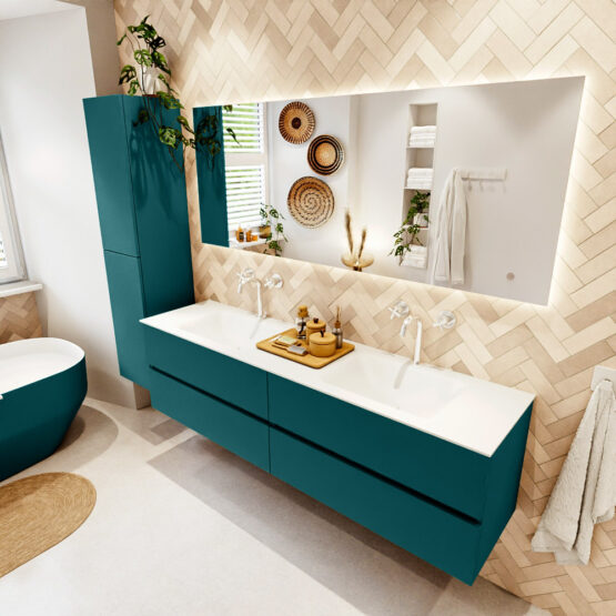 MONDIAZ VICA 180cm mueble de baño Smag 4 cajones. Lavabo CLOUD Doble 2 orificios color Talc con espejo LED.