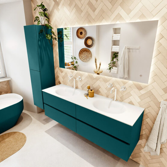 MONDIAZ VICA 160cm mueble de baño Smag 4 cajones. Lavabo MOON Doble 2 orificios color Talc con espejo LED.