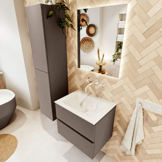 MONDIAZ VICA 60cm mueble de baño Smoke 2 cajones. Lavabo CLOUD Centro sin orificio color Talc con espejo LED.