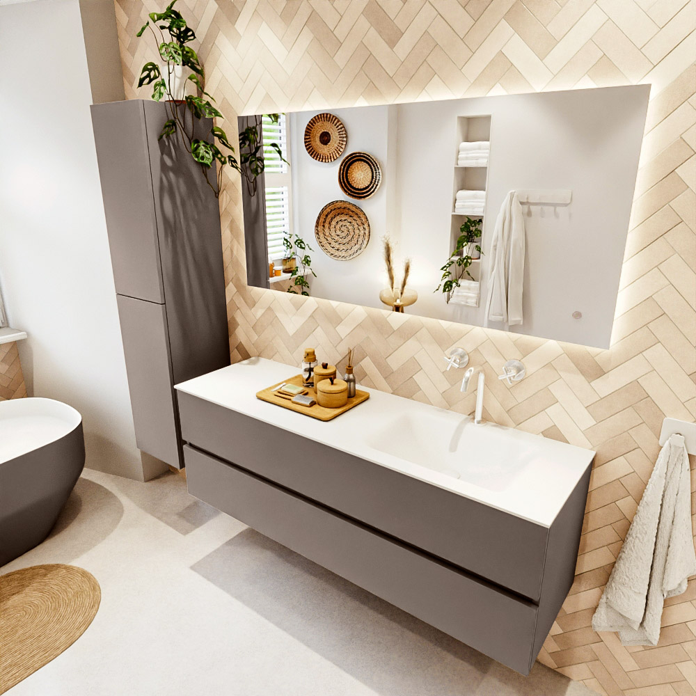 MONDIAZ VICA 150cm mueble de baño Smoke 2 cajones. Lavabo CLOUD Derecho 1 orificio color Talc con espejo LED. 1 MONDIAZ VICA 150cm mueble de baño Smoke 2 cajones. Lavabo CLOUD Derecho 1 orificio color Talc con espejo LED.