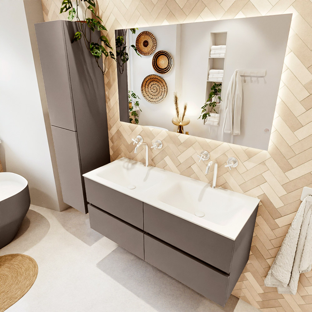 MONDIAZ VICA 120cm mueble de baño Smoke 4 cajones. Lavabo CLOUD Doble 2 orificios color Talc con espejo LED. 1 MONDIAZ VICA 120cm mueble de baño Smoke 4 cajones. Lavabo CLOUD Doble 2 orificios color Talc con espejo LED.