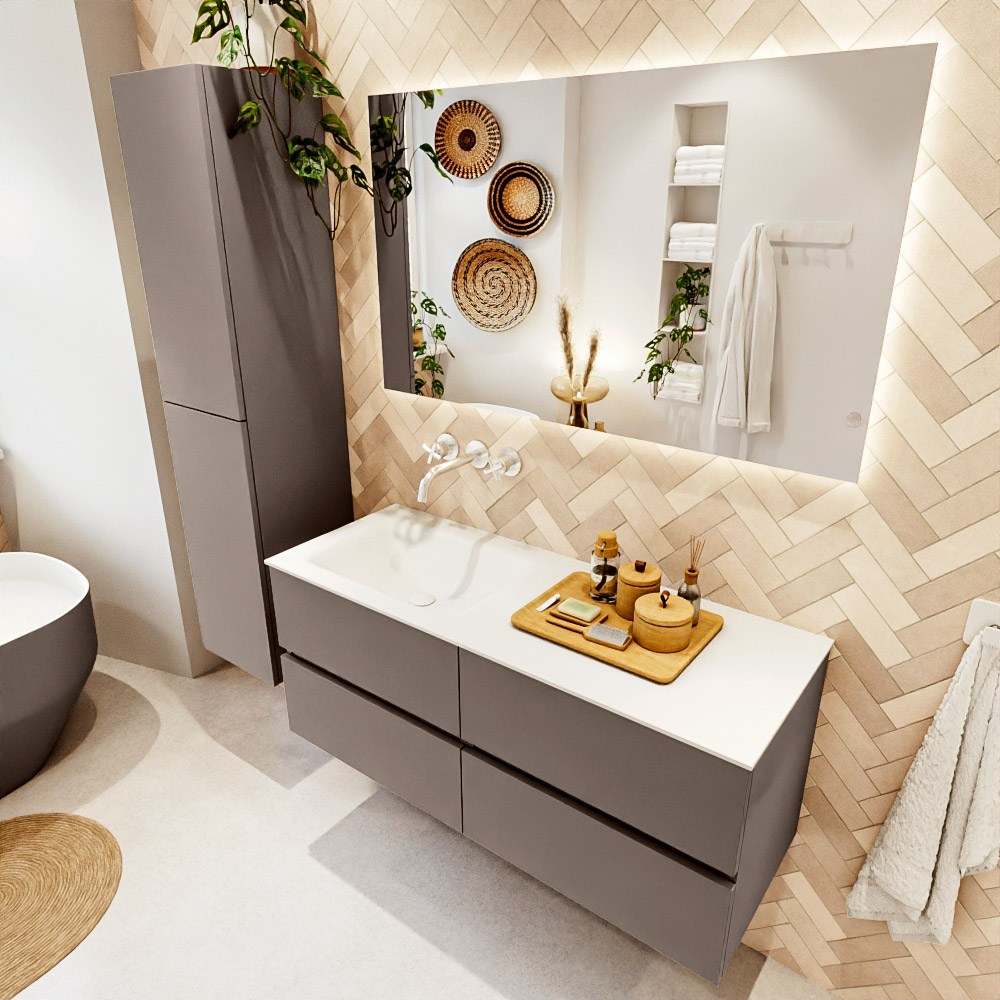 MONDIAZ VICA 120cm mueble de baño Smoke 4 cajones. Lavabo CLOUD Izquierda sin orificio color Talc con espejo LED. 1 MONDIAZ VICA 120cm mueble de baño Smoke 4 cajones. Lavabo CLOUD Izquierda sin orificio color Talc con espejo LED.