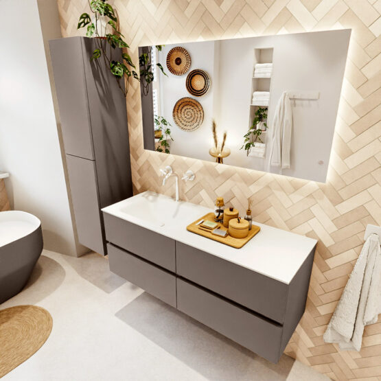 MONDIAZ VICA 130cm mueble de baño Smoke 4 cajones. Lavabo CLOUD Izquierda 1 orificio color Talc con espejo LED.