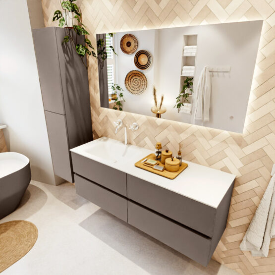 MONDIAZ VICA 140cm mueble de baño Smoke 4 cajones. Lavabo CLOUD Izquierda 1 orificio color Talc con espejo LED.