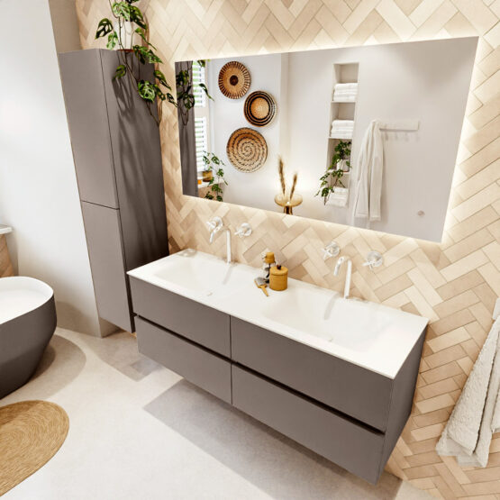 MONDIAZ VICA 140cm mueble de baño Smoke 4 cajones. Lavabo CLOUD Doble 2 orificios color Talc con espejo LED.