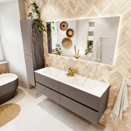 MONDIAZ VICA 150cm mueble de baño Smoke 4 cajones. Lavabo CLOUD Doble sin orificio color Talc con espejo LED.