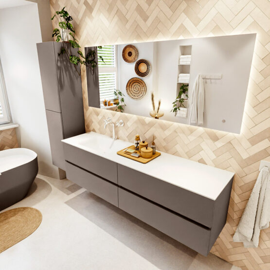 MONDIAZ VICA 180cm mueble de baño Smoke 4 cajones. Lavabo CLOUD Izquierda 1 orificio color Talc con espejo LED.