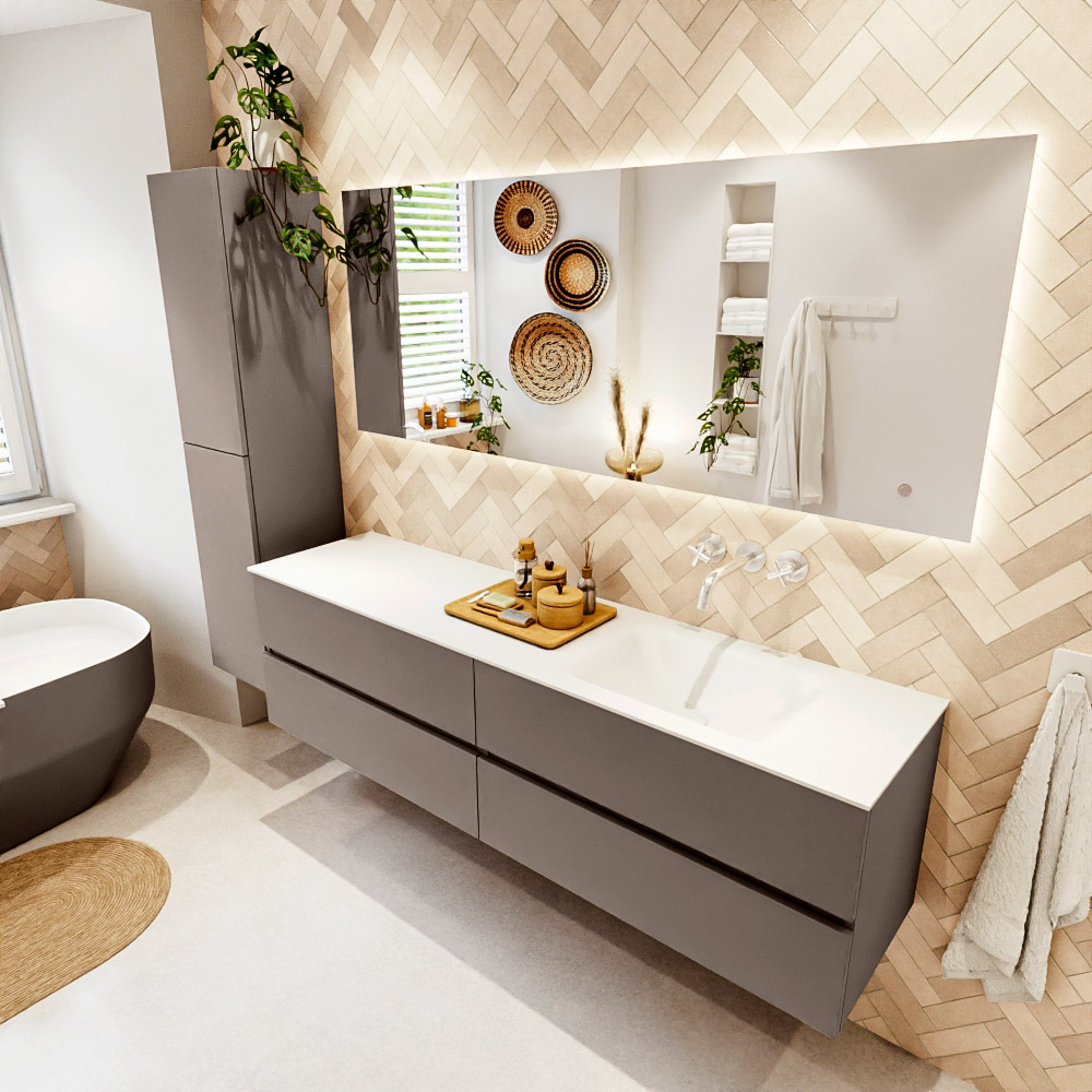 MONDIAZ VICA 180cm mueble de baño Smoke 4 cajones. Lavabo CLOUD Derecho sin orificio color Talc con espejo LED. 1 MONDIAZ VICA 180cm mueble de baño Smoke 4 cajones. Lavabo CLOUD Derecho sin orificio color Talc con espejo LED.