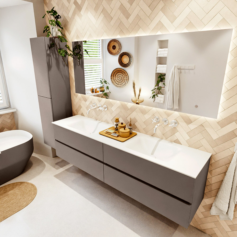 MONDIAZ VICA 190cm mueble de baño Smoke 4 cajones. Lavabo CLOUD Doble sin orificio color Talc con espejo LED. 1 MONDIAZ VICA 190cm mueble de baño Smoke 4 cajones. Lavabo CLOUD Doble sin orificio color Talc con espejo LED.