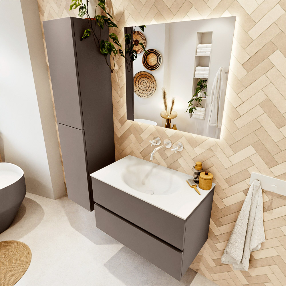 MONDIAZ VICA 80cm mueble de baño Smoke 2 cajones. Lavabo MOON Centro sin orificio color Talc con espejo LED. 1 MONDIAZ VICA 80cm mueble de baño Smoke 2 cajones. Lavabo MOON Centro sin orificio color Talc con espejo LED.