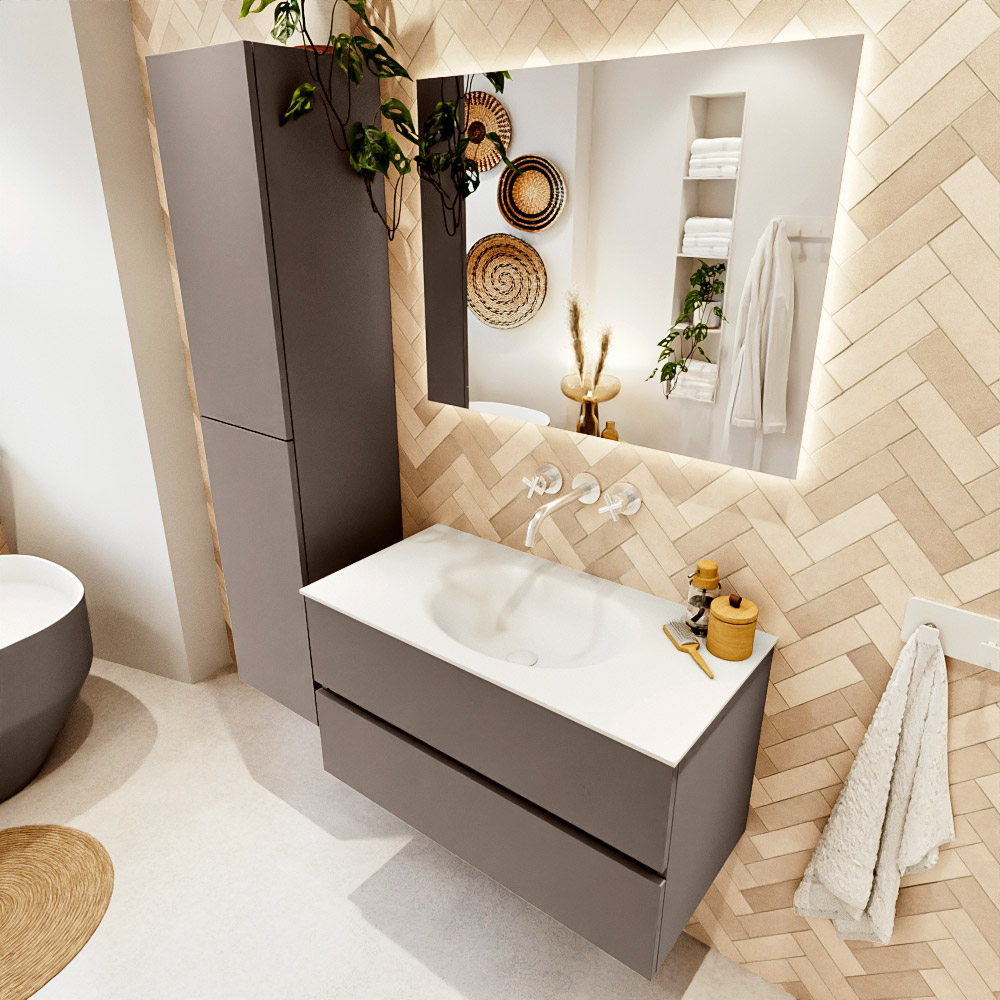 MONDIAZ VICA 90cm mueble de baño Smoke 2 cajones. Lavabo MOON Centro sin orificio color Talc con espejo LED. 1 MONDIAZ VICA 90cm mueble de baño Smoke 2 cajones. Lavabo MOON Centro sin orificio color Talc con espejo LED.