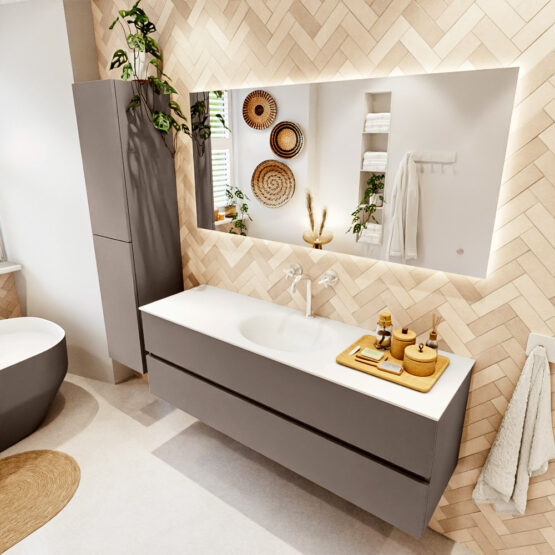 MONDIAZ VICA 150cm mueble de baño Smoke 2 cajones. Lavabo MOON Centro 1 orificio color Talc con espejo LED.