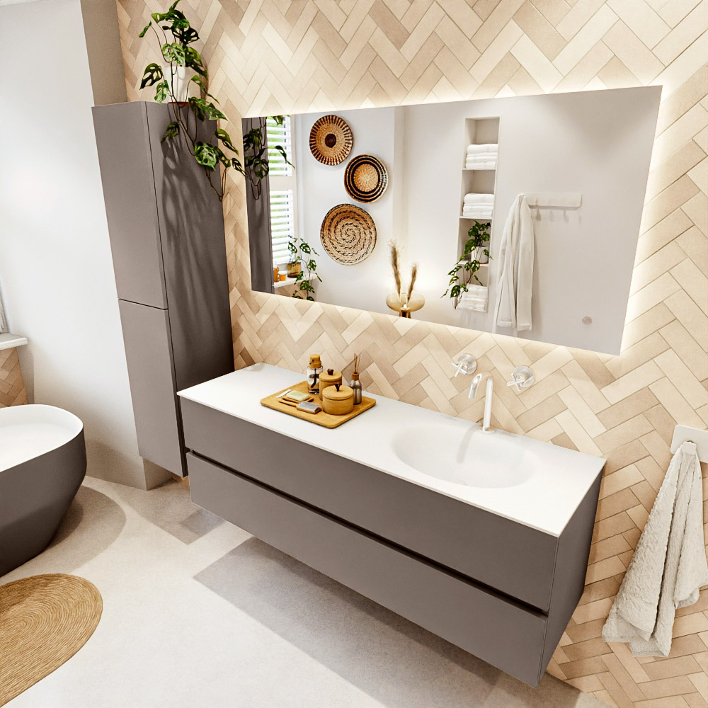 MONDIAZ VICA 150cm mueble de baño Smoke 2 cajones. Lavabo MOON Derecho 1 orificio color Talc con espejo LED. 1 MONDIAZ VICA 150cm mueble de baño Smoke 2 cajones. Lavabo MOON Derecho 1 orificio color Talc con espejo LED.