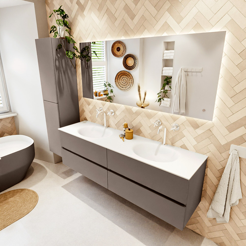 MONDIAZ VICA 170cm mueble de baño Smoke 4 cajones. Lavabo MOON Doble 2 orificios color Talc con espejo LED. 1 MONDIAZ VICA 170cm mueble de baño Smoke 4 cajones. Lavabo MOON Doble 2 orificios color Talc con espejo LED.