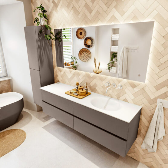 MONDIAZ VICA 170cm mueble de baño Smoke 4 cajones. Lavabo MOON Derecho sin orificio color Talc con espejo LED.