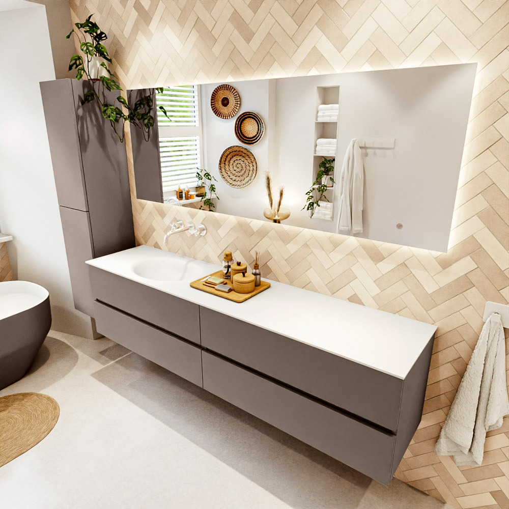 MONDIAZ VICA 200cm mueble de baño Smoke 4 cajones. Lavabo MOON Izquierda sin orificio color Talc con espejo LED. 1 MONDIAZ VICA 200cm mueble de baño Smoke 4 cajones. Lavabo MOON Izquierda sin orificio color Talc con espejo LED.