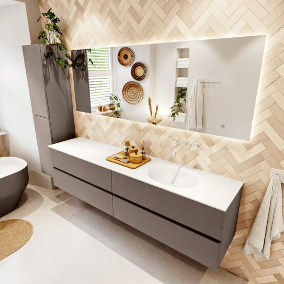 MONDIAZ VICA 200cm mueble de baño Smoke 4 cajones. Lavabo MOON Derecho sin orificio color Talc con espejo LED.