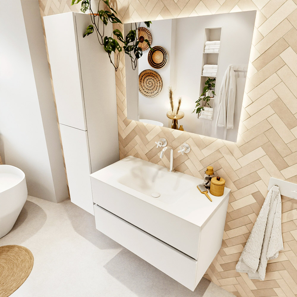MONDIAZ VICA 90cm mueble de baño Talc 2 cajones. Lavabo CLOUD Centro 1 orificio color Talc con espejo LED. 1 MONDIAZ VICA 90cm mueble de baño Talc 2 cajones. Lavabo CLOUD Centro 1 orificio color Talc con espejo LED.