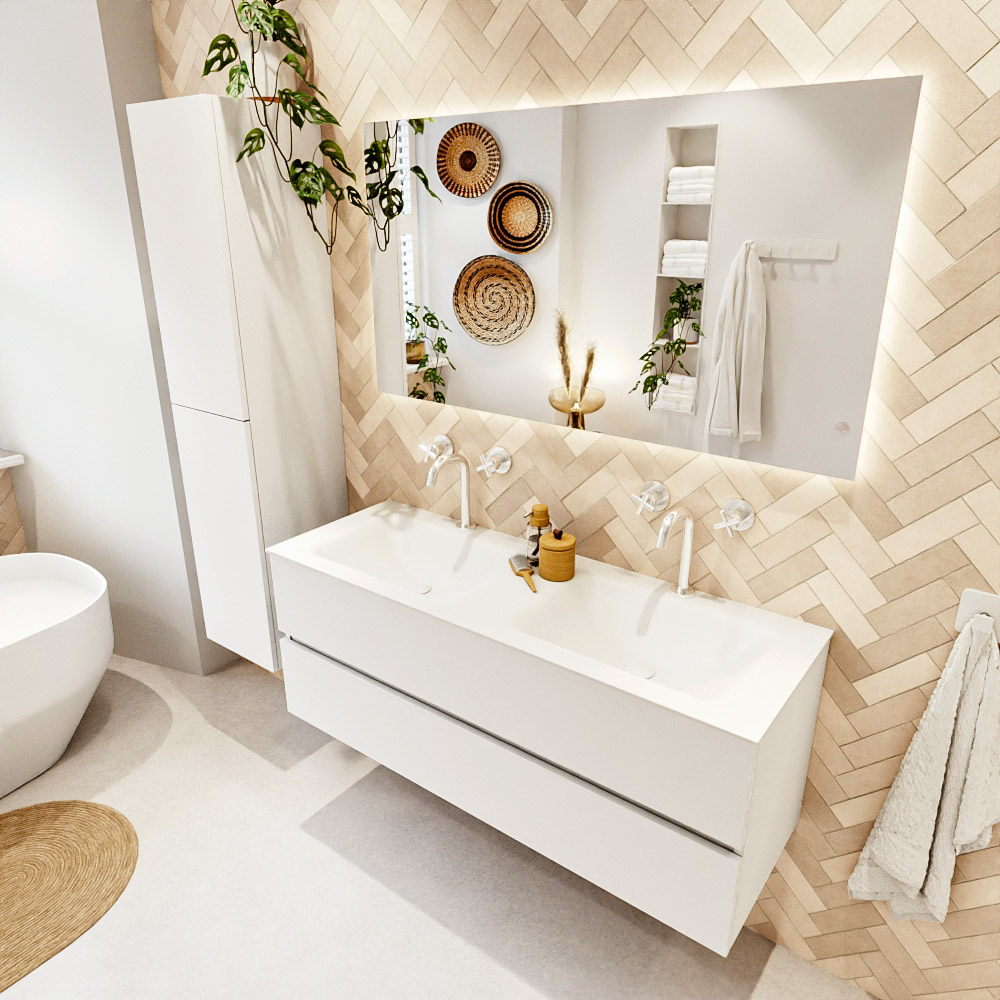 MONDIAZ VICA 130cm mueble de baño Talc 2 cajones. Lavabo CLOUD Doble 2 orificios color Talc con espejo LED. 1 MONDIAZ VICA 130cm mueble de baño Talc 2 cajones. Lavabo CLOUD Doble 2 orificios color Talc con espejo LED.