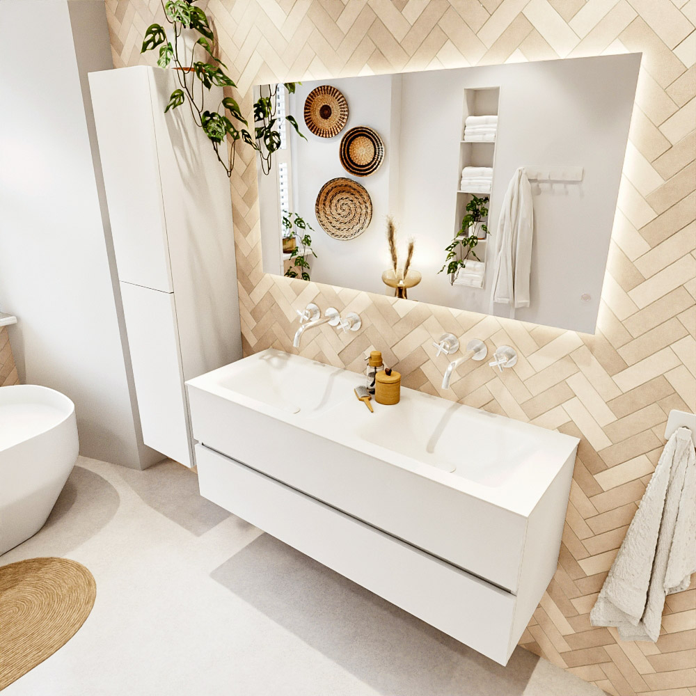 MONDIAZ VICA 130cm mueble de baño Talc 2 cajones. Lavabo CLOUD Doble sin orificio color Talc con espejo LED. 1 MONDIAZ VICA 130cm mueble de baño Talc 2 cajones. Lavabo CLOUD Doble sin orificio color Talc con espejo LED.