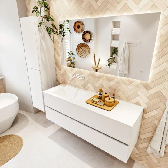 MONDIAZ VICA 140cm mueble de baño Talc 2 cajones. Lavabo CLOUD Izquierda sin orificio color Talc con espejo LED.