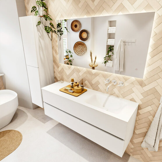 MONDIAZ VICA 140cm mueble de baño Talc 2 cajones. Lavabo CLOUD Derecho sin orificio color Talc con espejo LED.