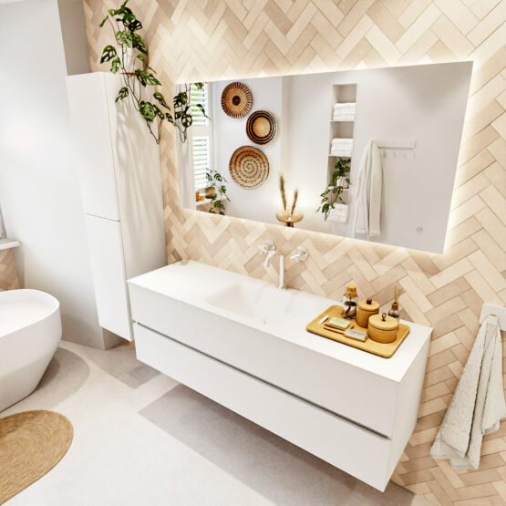 MONDIAZ VICA 150cm mueble de baño Talc 2 cajones. Lavabo CLOUD Centro 1 orificio color Talc con espejo LED.