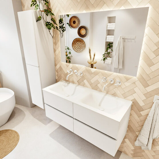 MONDIAZ VICA 120cm mueble de baño Talc 4 cajones. Lavabo CLOUD Doble sin orificio color Talc con espejo LED.