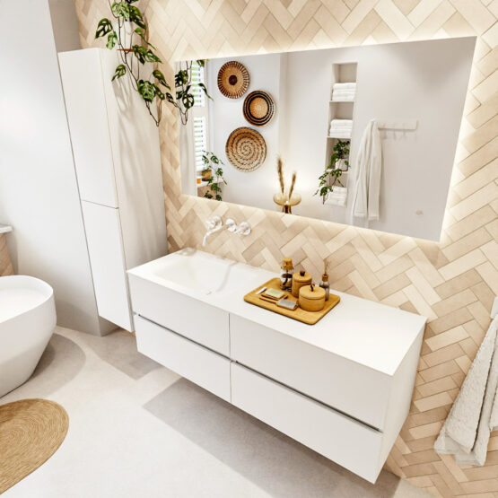 MONDIAZ VICA 140cm mueble de baño Talc 4 cajones. Lavabo CLOUD Izquierda sin orificio color Talc con espejo LED.