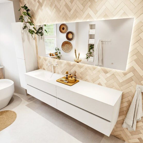 MONDIAZ VICA 200cm mueble de baño Talc 4 cajones. Lavabo CLOUD Izquierda 1 orificio color Talc con espejo LED.