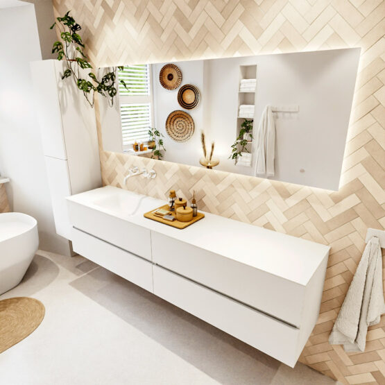 MONDIAZ VICA 200cm mueble de baño Talc 4 cajones. Lavabo CLOUD Izquierda sin orificio color Talc con espejo LED.