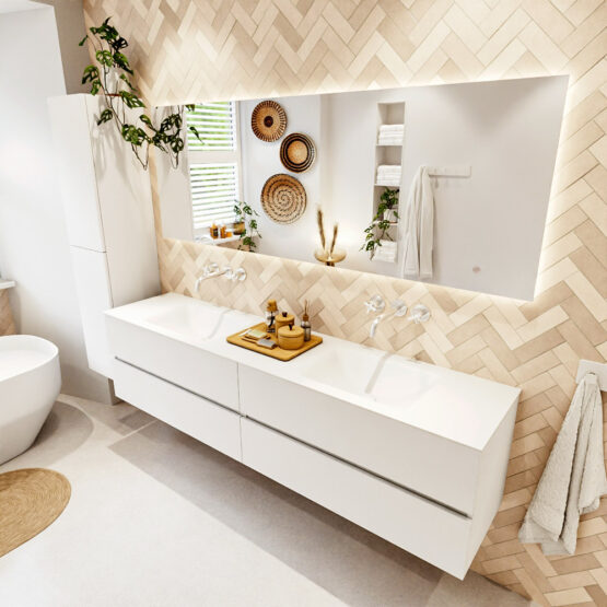 MONDIAZ VICA 200cm mueble de baño Talc 4 cajones. Lavabo CLOUD Doble sin orificio color Talc con espejo LED.