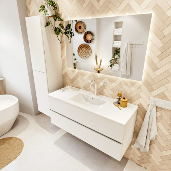 MONDIAZ VICA 120cm mueble de baño Talc 2 cajones. Lavabo DENIA Centro 1 orificio color Blanco brillo con espejo LED.