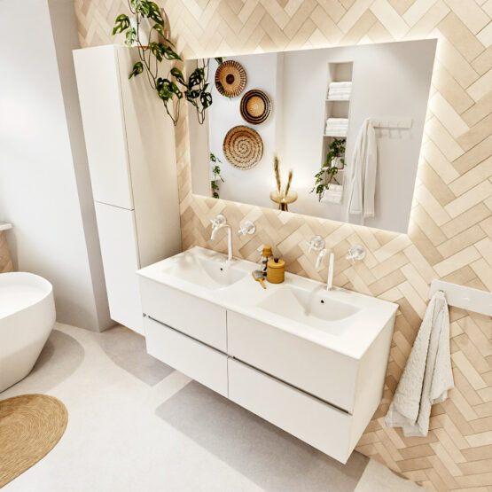 MONDIAZ VICA 120cm mueble de baño Talc 4 cajones. Lavabo DENIA Doble 2 orificios color Blanco brillo con espejo LED.