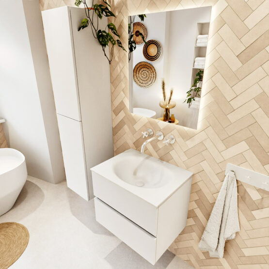 MONDIAZ VICA 60cm mueble de baño Talc 2 cajones. Lavabo MOON Centro sin orificio color Talc con espejo LED.